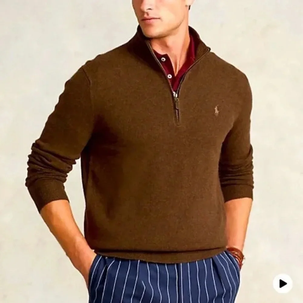 Polo Ralph Lauren Men's  1/4 Zip Pullover Cotton Sweater Brown Large